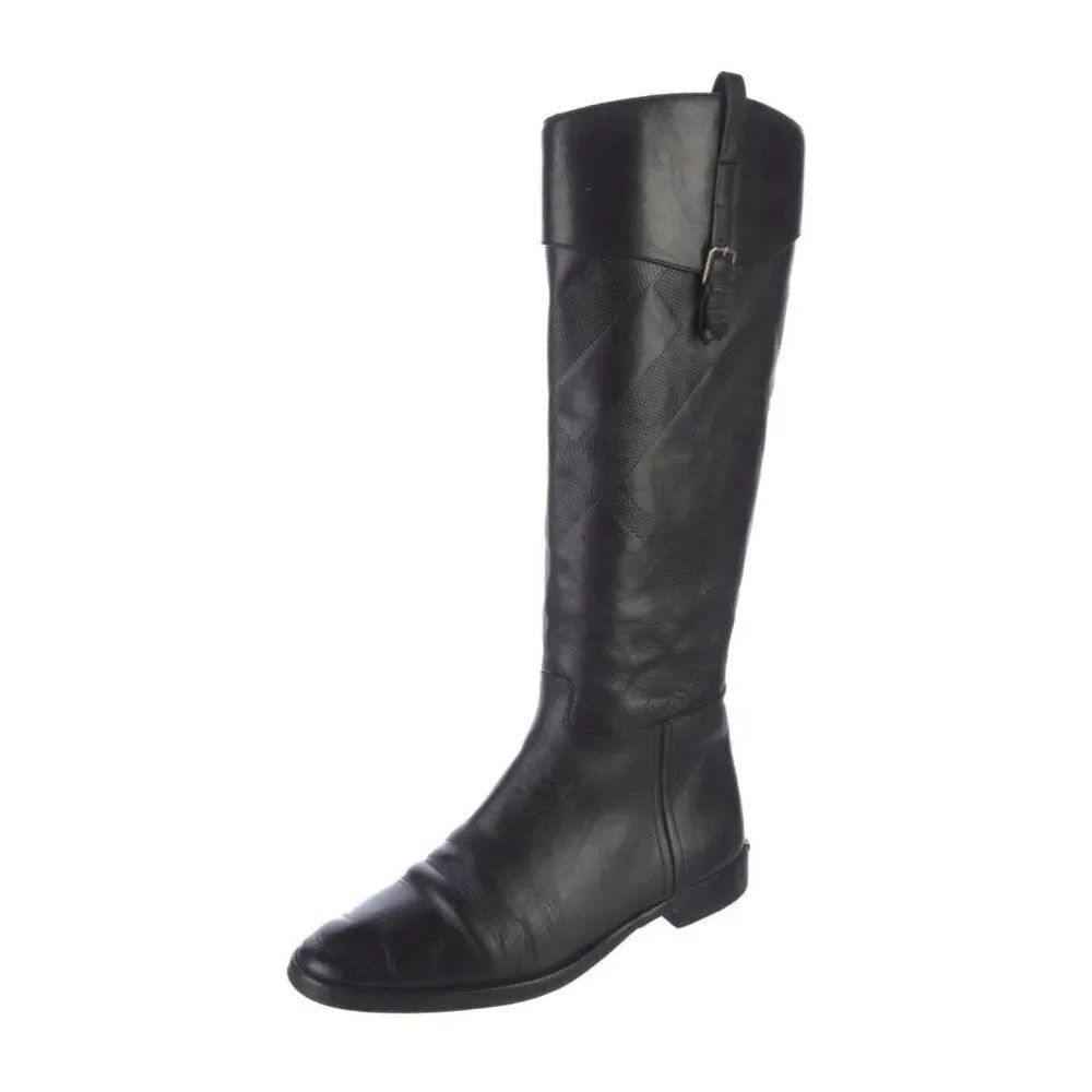 Burberry Authentic Solid Black Leather Riding Boots Knee High Equestrian Italy 8 - Picture 2 of 9
